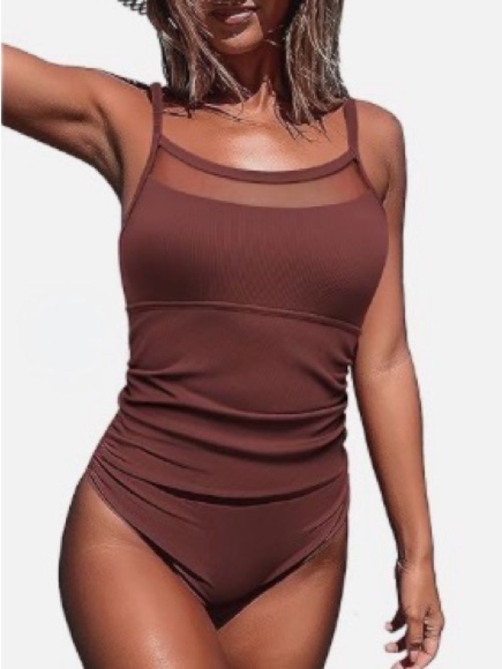 Sleek ribbed one-piece swimsuit with ruched tummy control in brown-Sz. Small